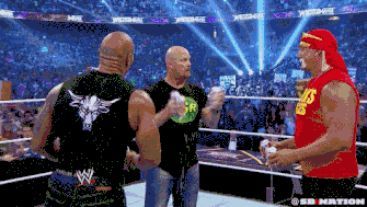 Steve Austin, Hulk Hogan, and The Rock drinking some beers.