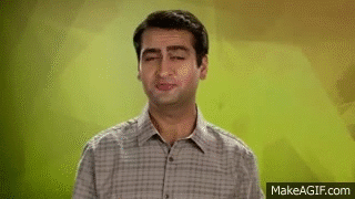 Kumail Nanjiani Standing in front of a yellow background with the words "Fun Fact" flashing